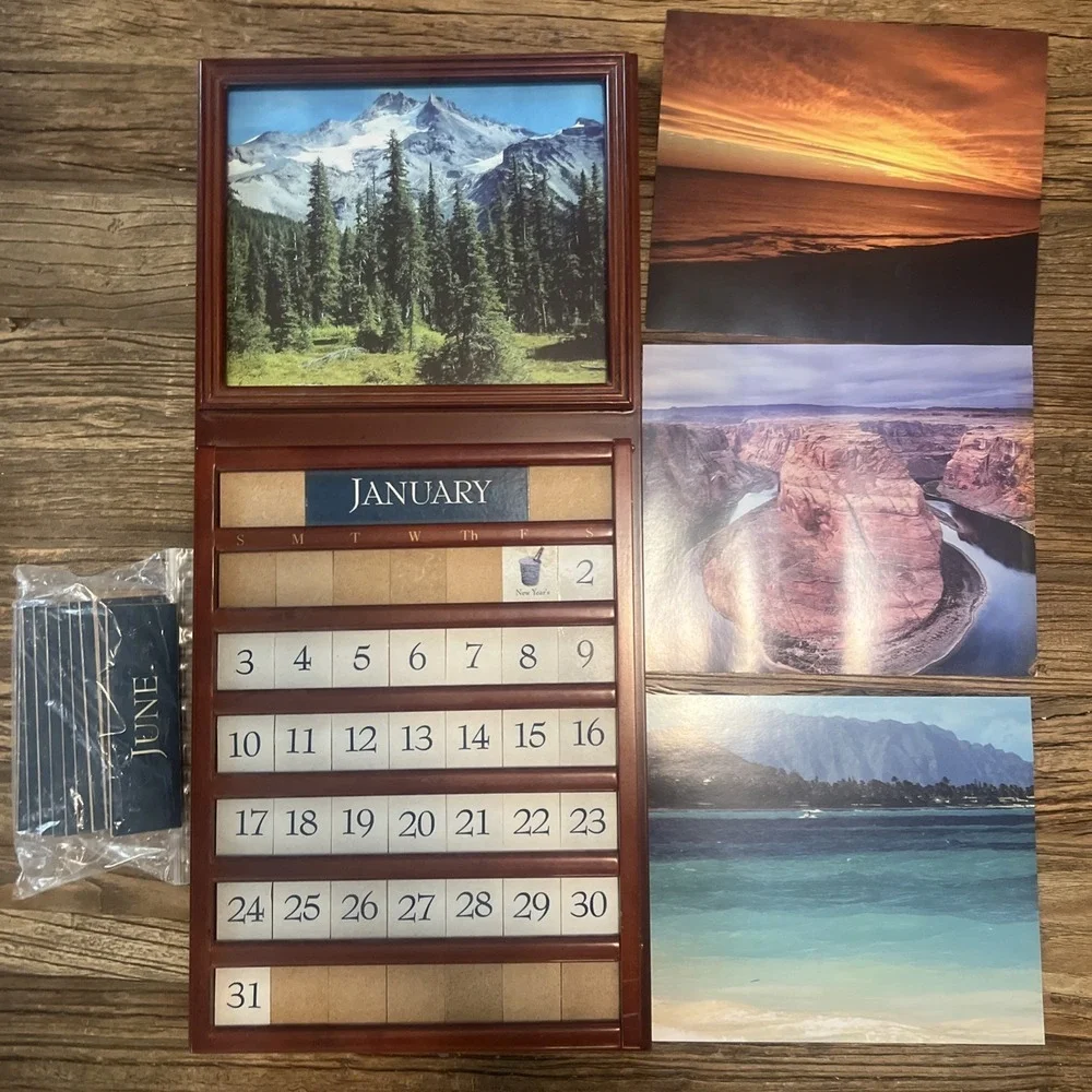 VTG Perpetual‎ Calendar Dark Wood 4 Scenes Complete Wall Hanging